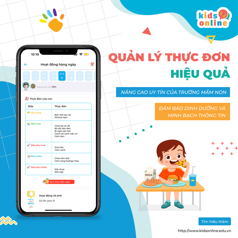 KidsOnline giúp quản lý thực đơn mầm non hiệu quả, đảm bảo dinh dưỡng và uy tín trường học.