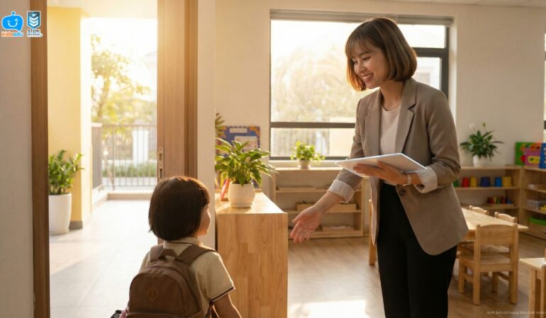A smiling preschool teacher greeting a student, illustrating KidsOnline's automated attendance and leave request system for seamless school communication