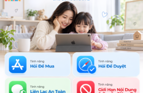 4 tính năng an toàn trên iPad cho trẻ gồm Hỏi Để Mua, Hỏi Để Duyệt, Liên Lạc An Toàn và Giới Hạn Nội Dung & Quyền Riêng Tư