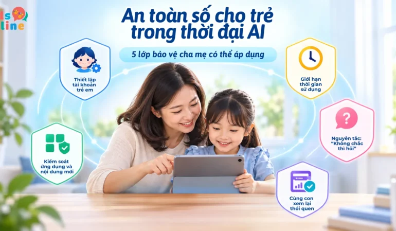 Mẹ và bé sử dụng iPad cùng minh họa 5 lớp bảo vệ an toàn số cho trẻ trong thời đại AI
