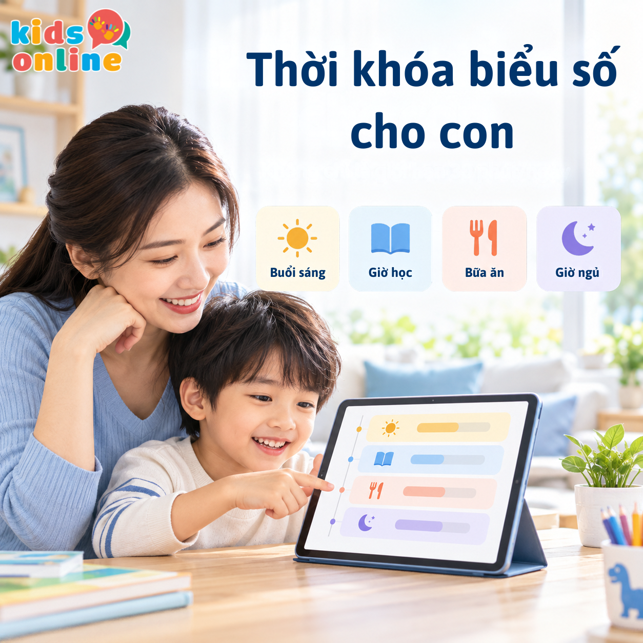 Thời khóa biểu số cho con trên iPhone iPad với lịch buổi sáng, giờ học, bữa ăn và giờ ngủ